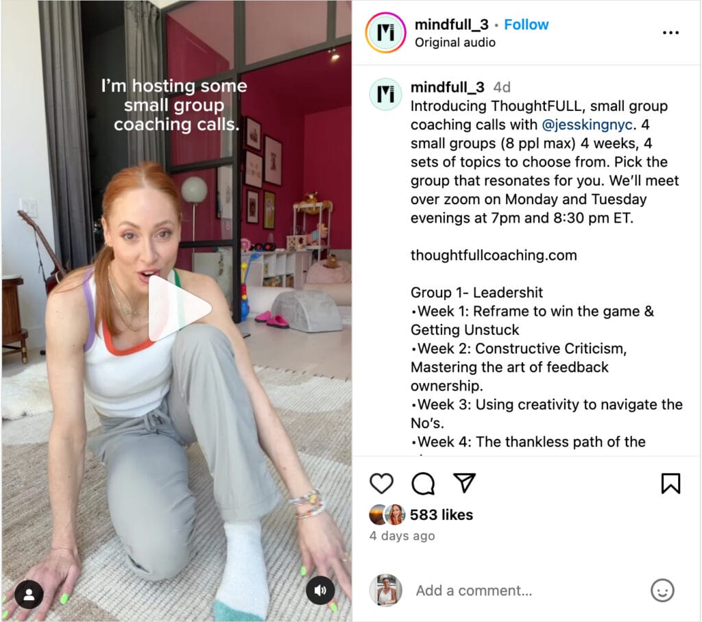 Jess King & MindFULL3's Instagram post announcing small group coaching.